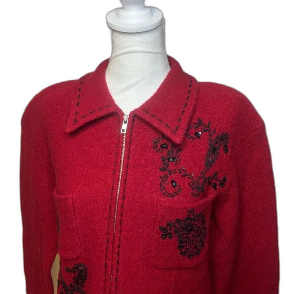 Conrad C Collection Boutique Red Floral Faux Zip Up Collar Sweater Womens - Picture 3 of 7